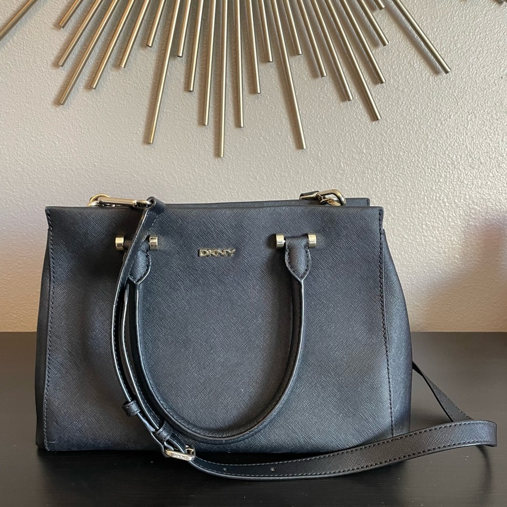 DKNY Medium Satchel with Crossbody Strap in Black Saffiano Leather